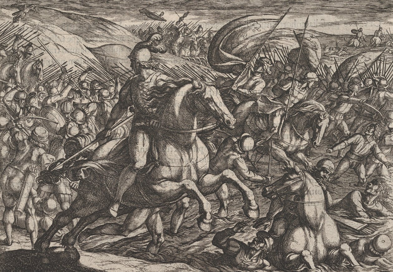 Levy 30: Cerialis ajaa hollantilaisia Reiniin, teoksesta Roomalaisten sota th...a vastaan, 1611. tekijältä Antonio Tempesta