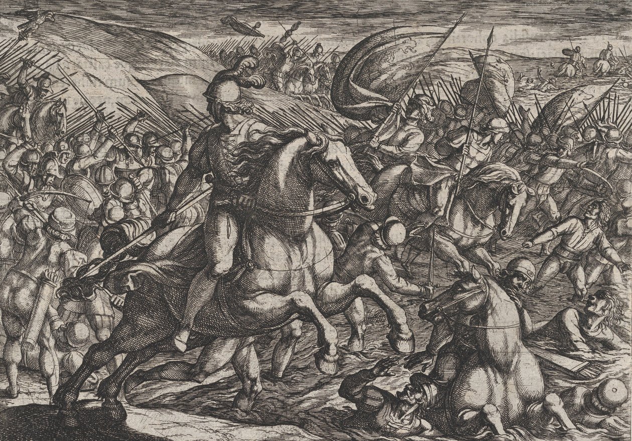 Levy 30: Cerialis ajaa hollantilaisia Reiniin, teoksesta Roomalaisten sota th...a vastaan, 1611. tekijältä Antonio Tempesta
