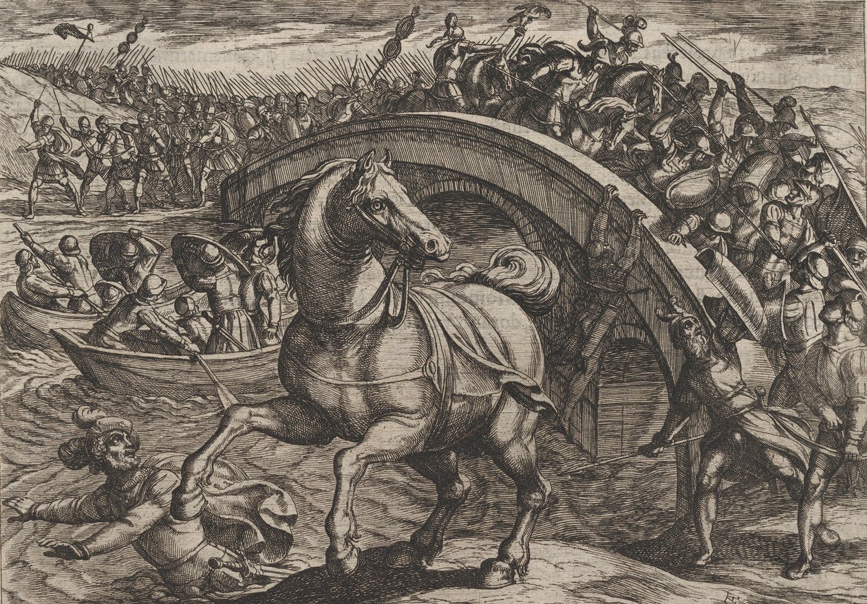 Levy 31: Civilis pakotettu laskeutumaan ja uimaan joen yli, Roomalaisten sodasta..., 1611. tekijältä Antonio Tempesta