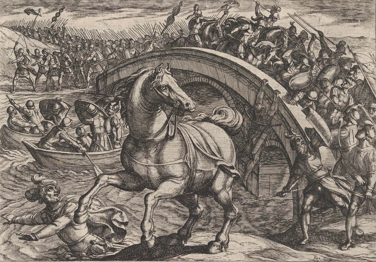 Levy 31: Civilis pakotettu laskeutumaan ja uimaan joen yli, Roomalaisten sodasta..., 1611. tekijältä Antonio Tempesta
