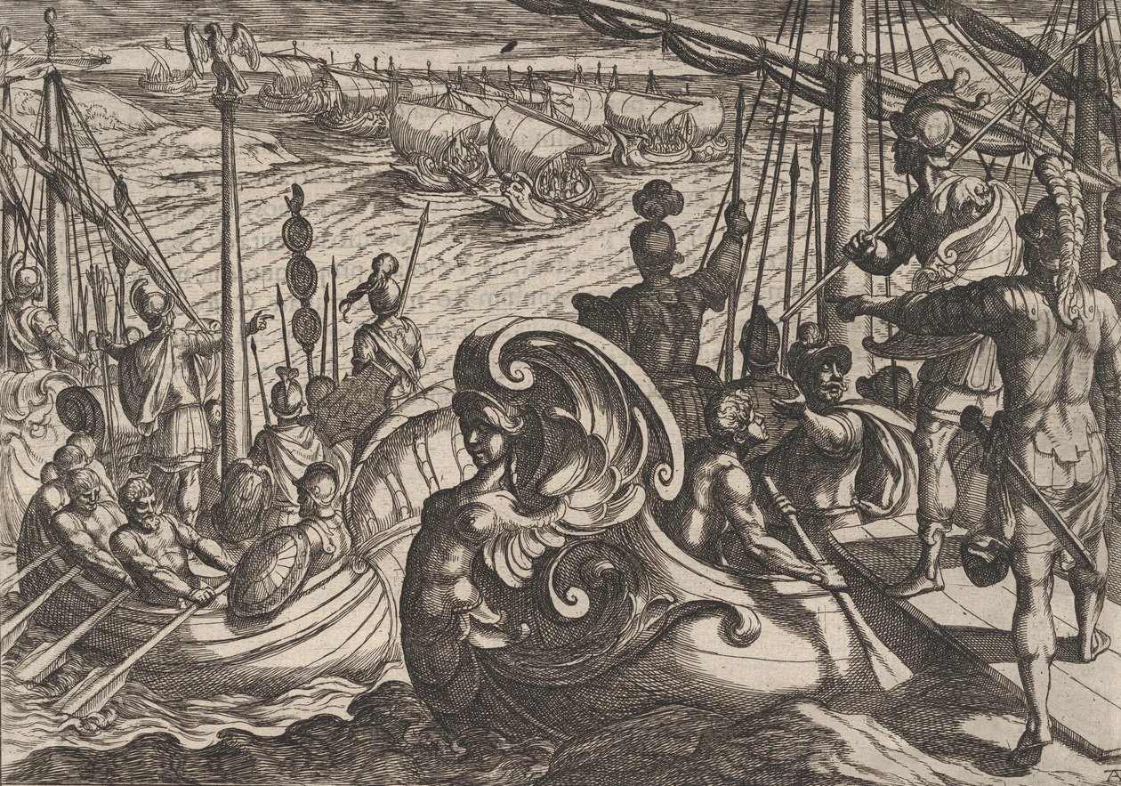 Levy 33: Hollannin ja roomalaiset laivueet Reinillä, teoksesta Roomalaisten sota B..., 1611. tekijältä Antonio Tempesta