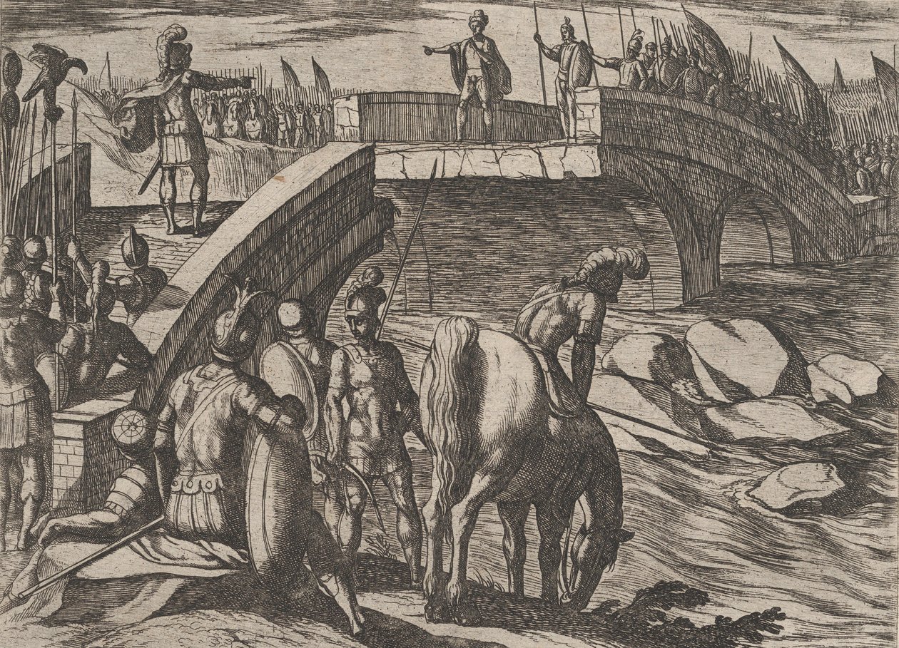 Levy 36: Civilis ja Cerialis tapaavat rikkoutuneella sillalla päästäkseen sopimukseen, The War of..., 1611. tekijältä Antonio Tempesta
