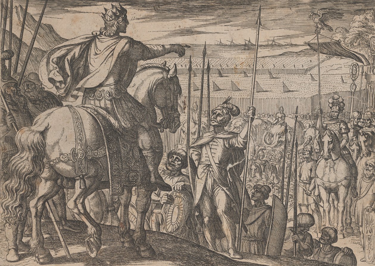 Levy 3: Aleksanteri neuvomassa sotilaita, Aleksanteri Suuren teoista, 1608. tekijältä Antonio Tempesta