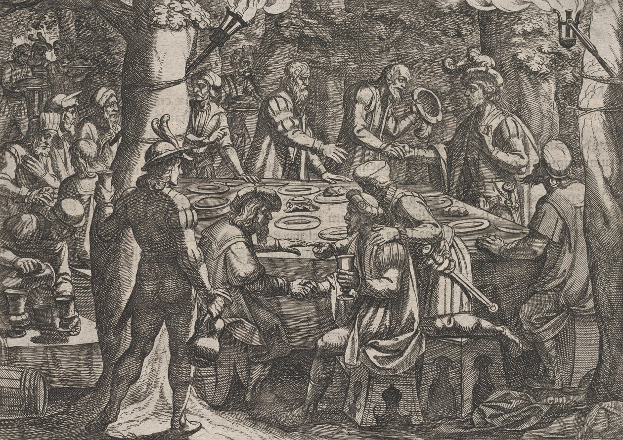 Levy 4: Civilis kertoo Hollannin vanhimmille, että roomalaiset kohtelevat heitä kuin orjia..., 1611. tekijältä Antonio Tempesta