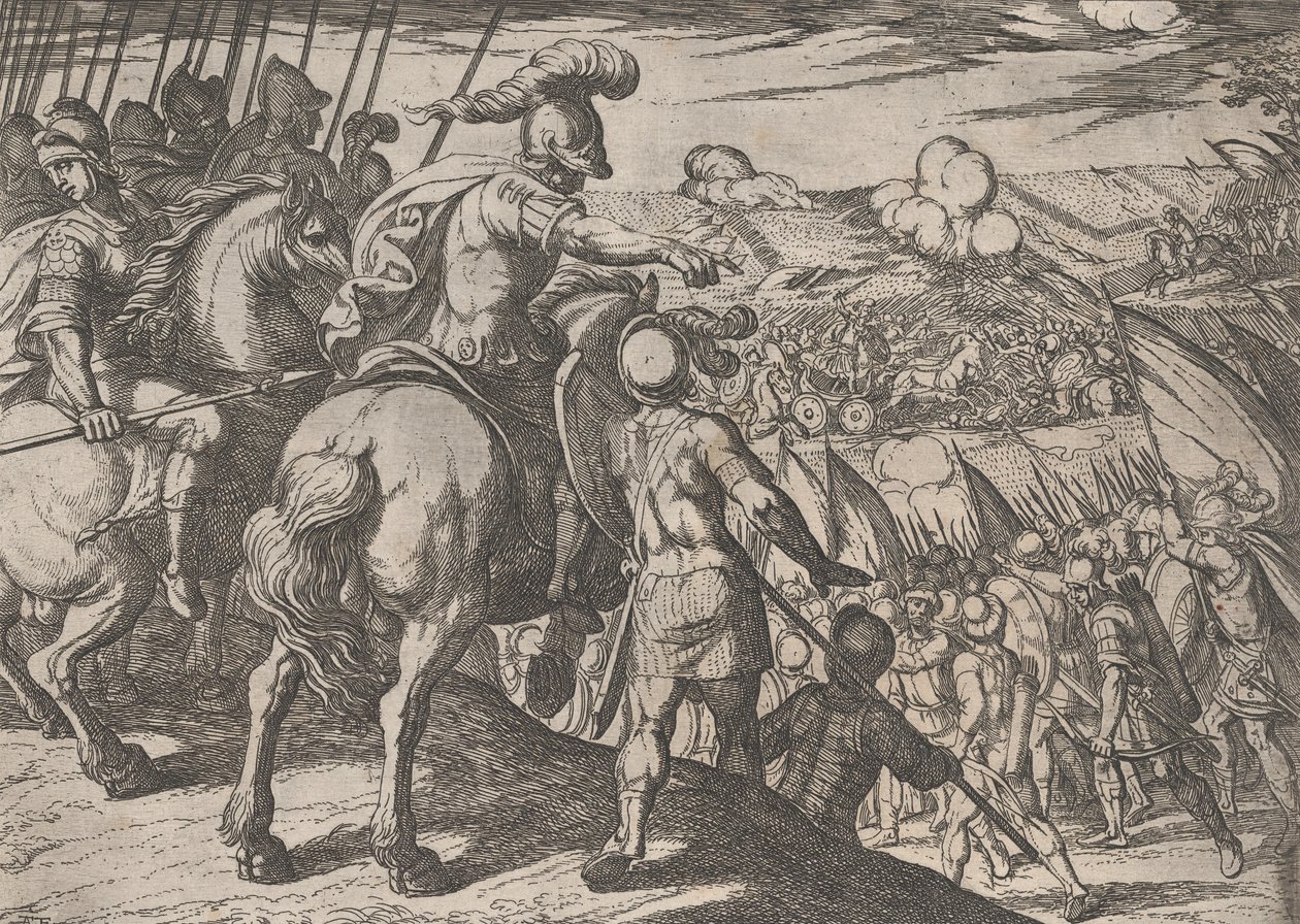 Levy 5: Aleksanteri ohjaa taistelua, Aleksanteri Suuren teoista, 1608, tekijältä Antonio Tempesta