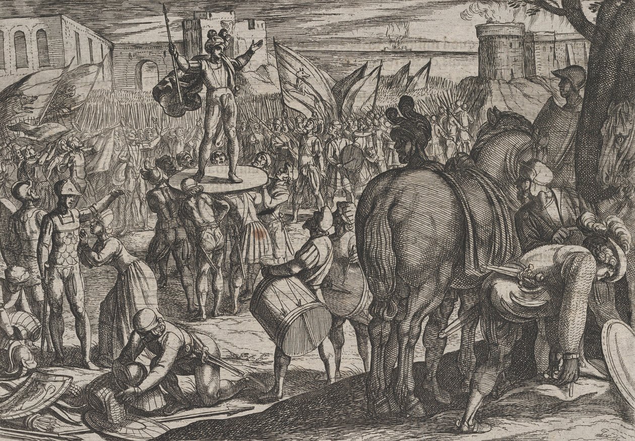Levy 5: Bruno nimitetty kaninefaattien johtajaksi, teoksesta The War of the Rooms Against the..., 1611. tekijältä Antonio Tempesta