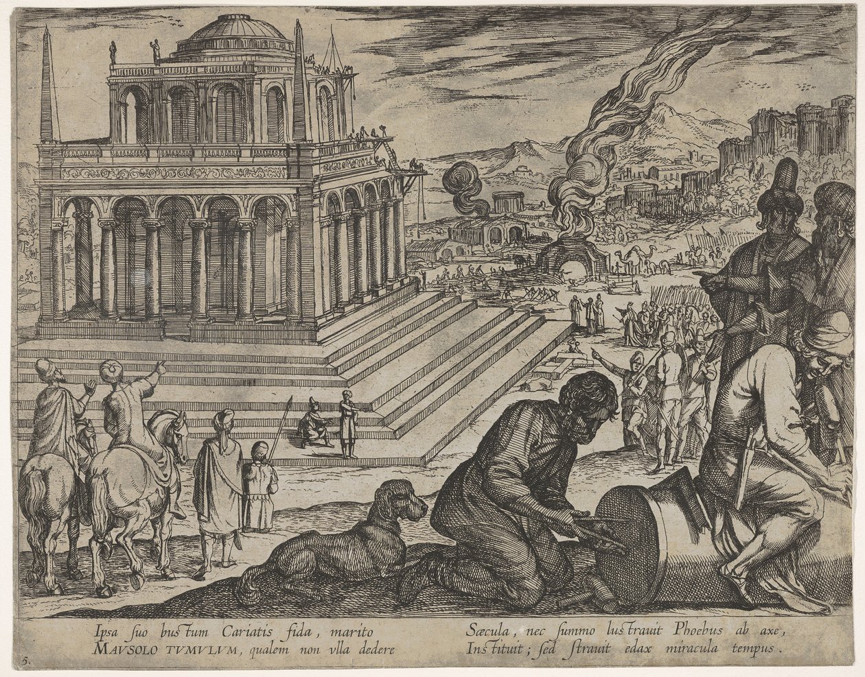 Levy 5: Mausoluksen hauta, kivimuurarit tekevät pylvään oikealle, Seitsemästä ihmeestä..., 1608. tekijältä Antonio Tempesta