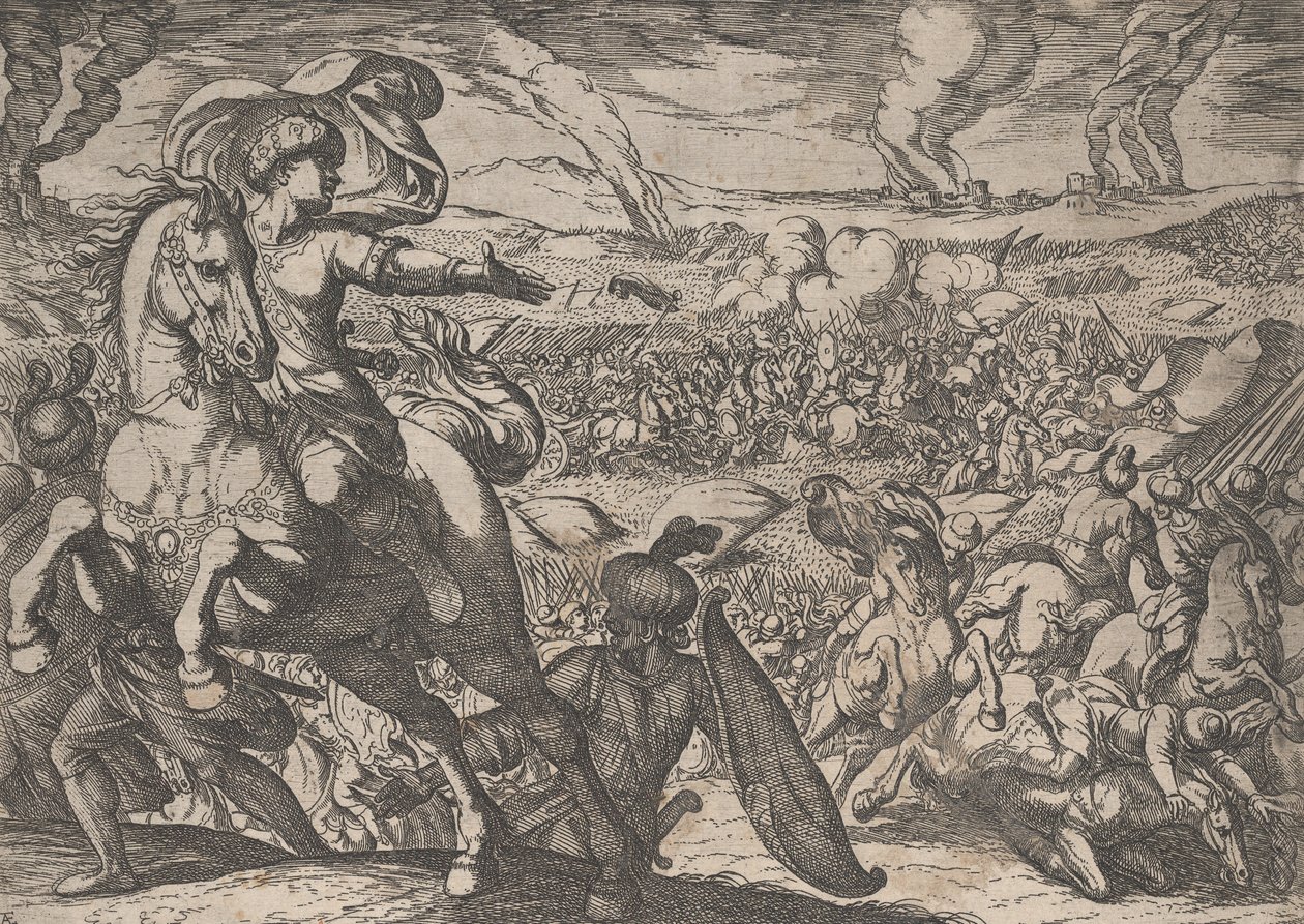 Levy 6: Darius pakenemassa taistelukentältä, Aleksanteri Suuren teoista, 1608. tekijältä Antonio Tempesta