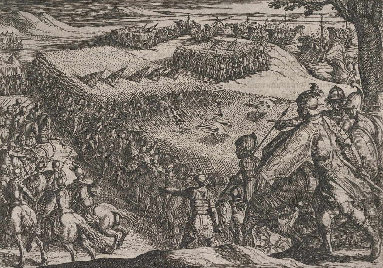 Levy 6: Roomalaiset voittivat Reinin lähellä, Roomalaisten sodasta batavialaisia vastaan..., 1611. tekijältä Antonio Tempesta