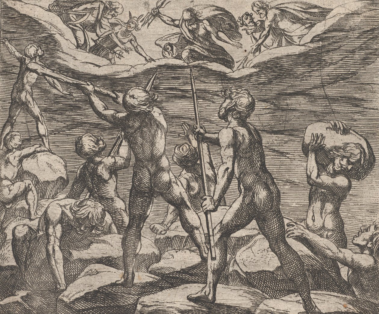 Levy 6: Jättiläiset yrittävät hyökätä Olympus Gigantomachiaa, Ovidiuksen teoksesta Metamorphose..., 1606. tekijältä Antonio Tempesta