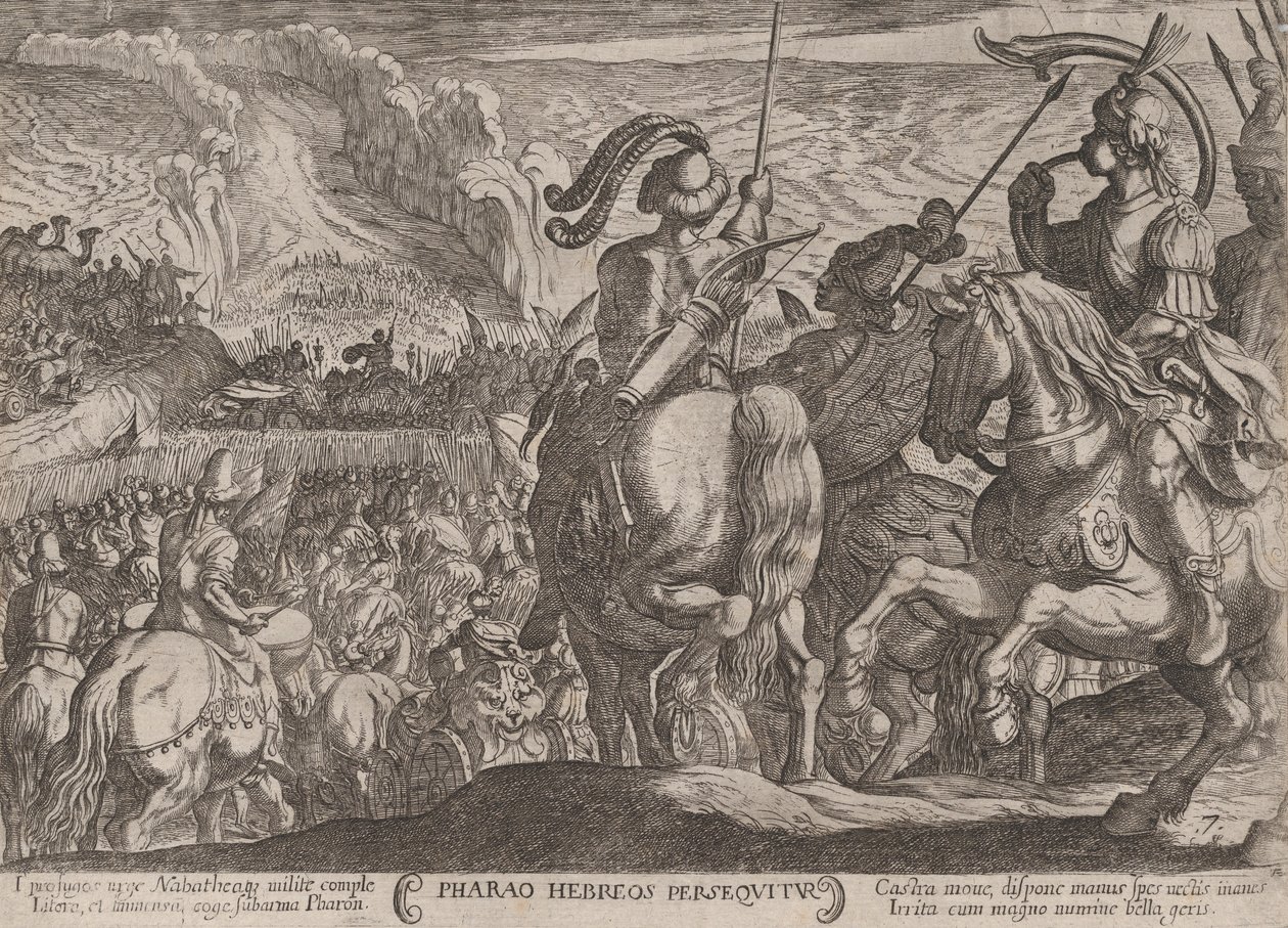 Levy 7: Egyptiläiset jahtaamassa israelilaisia, julkaisusta The Battles of the Old..., n. 1590-n. 1610. tekijältä Antonio Tempesta