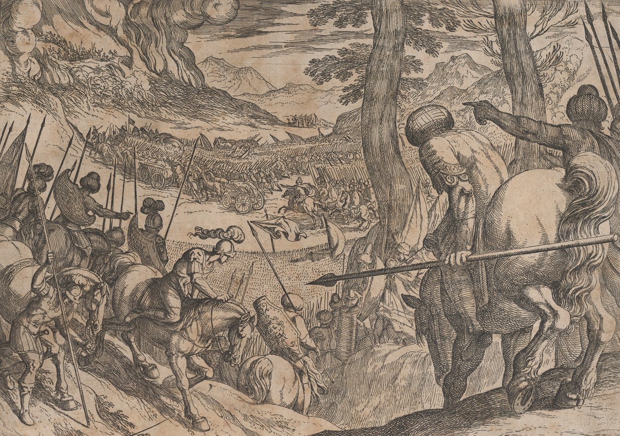 Levy 8: Aleksanteri saartaa vihollisjoukot tulella, Aleksanteri teoista..., 1608. tekijältä Antonio Tempesta