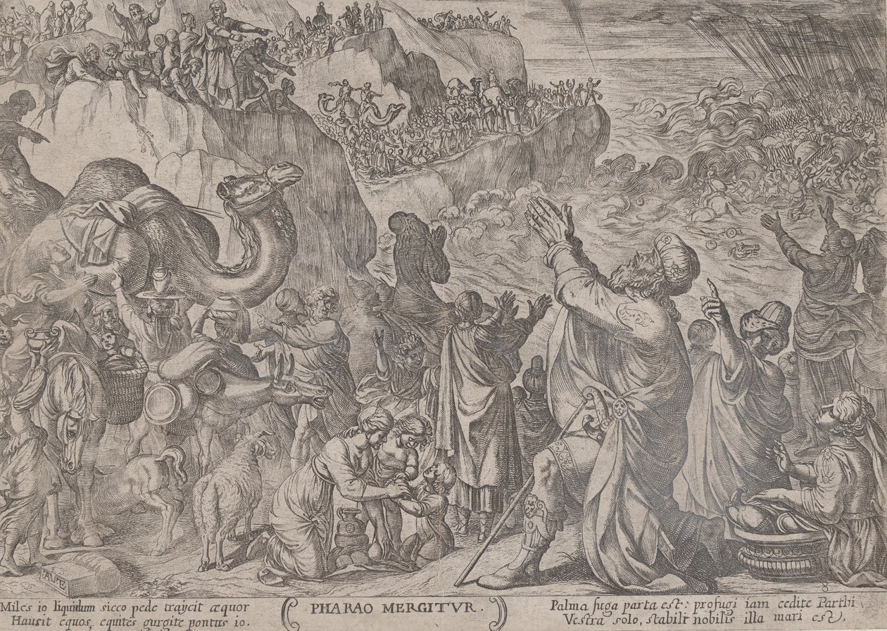 Levy 8: Egyptiläiset hukkumassa Punaiseen mereen, julkaisusta "The Battles of the Old...", n. 1590-n. 1610. tekijältä Antonio Tempesta