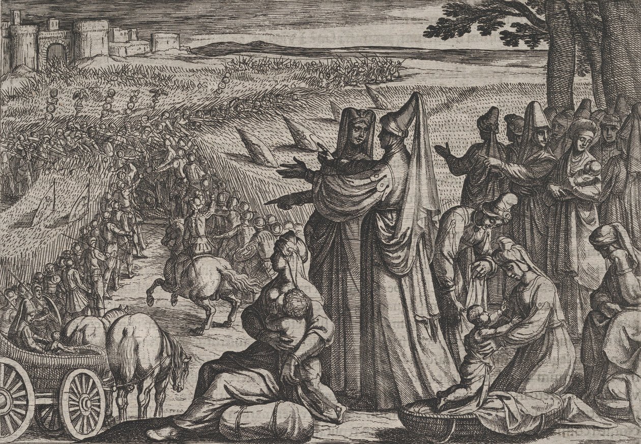 Làmina 8: Dones i nens observen civilis lluitant contra els romans, de La guerra dels gitanos..., 1611. finlandès tekijältä Antonio Tempesta