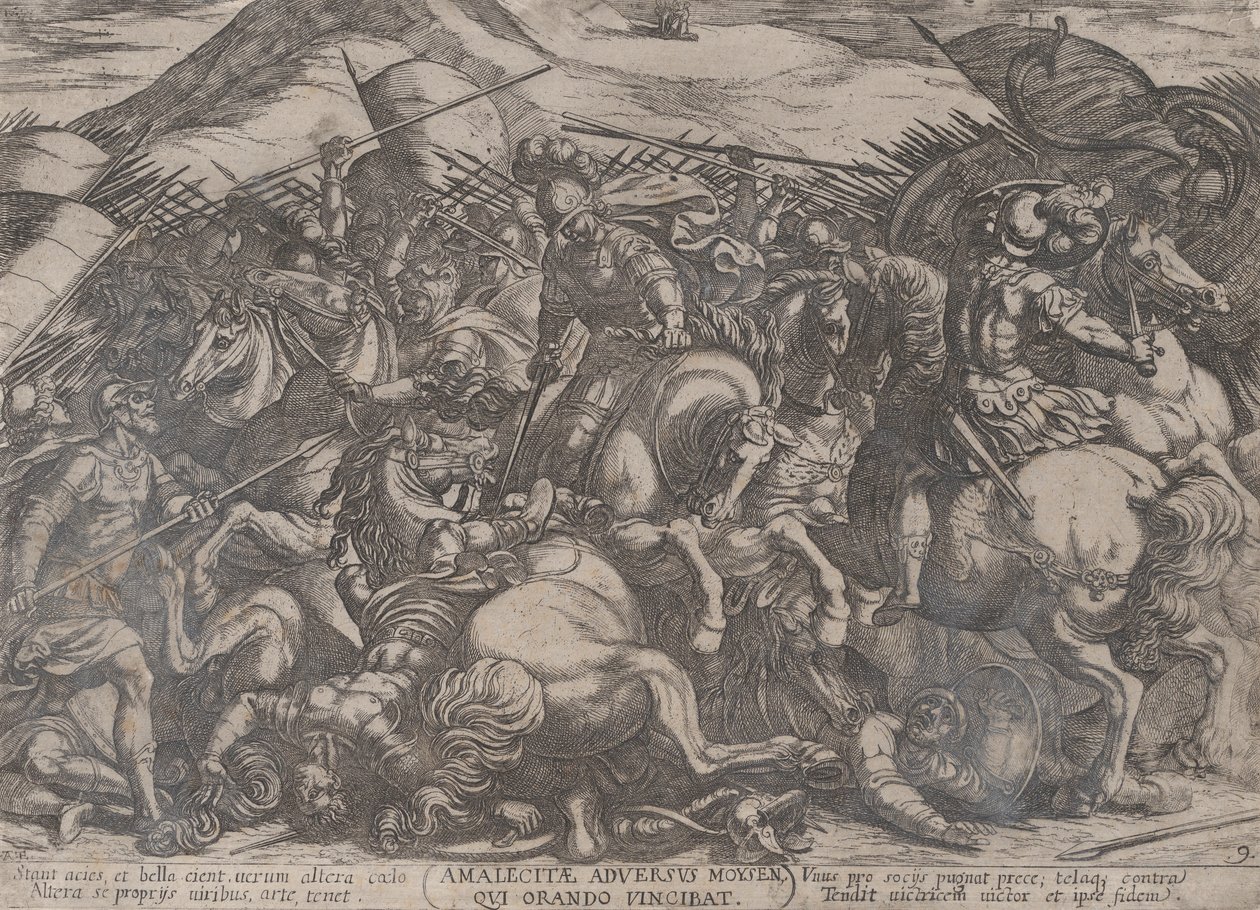 Levy 9: Israelilaiset taistelemassa amalekilaisia vastaan, julkaisusta The Battles of the Old..., n. 1590-n. 1610. tekijältä Antonio Tempesta