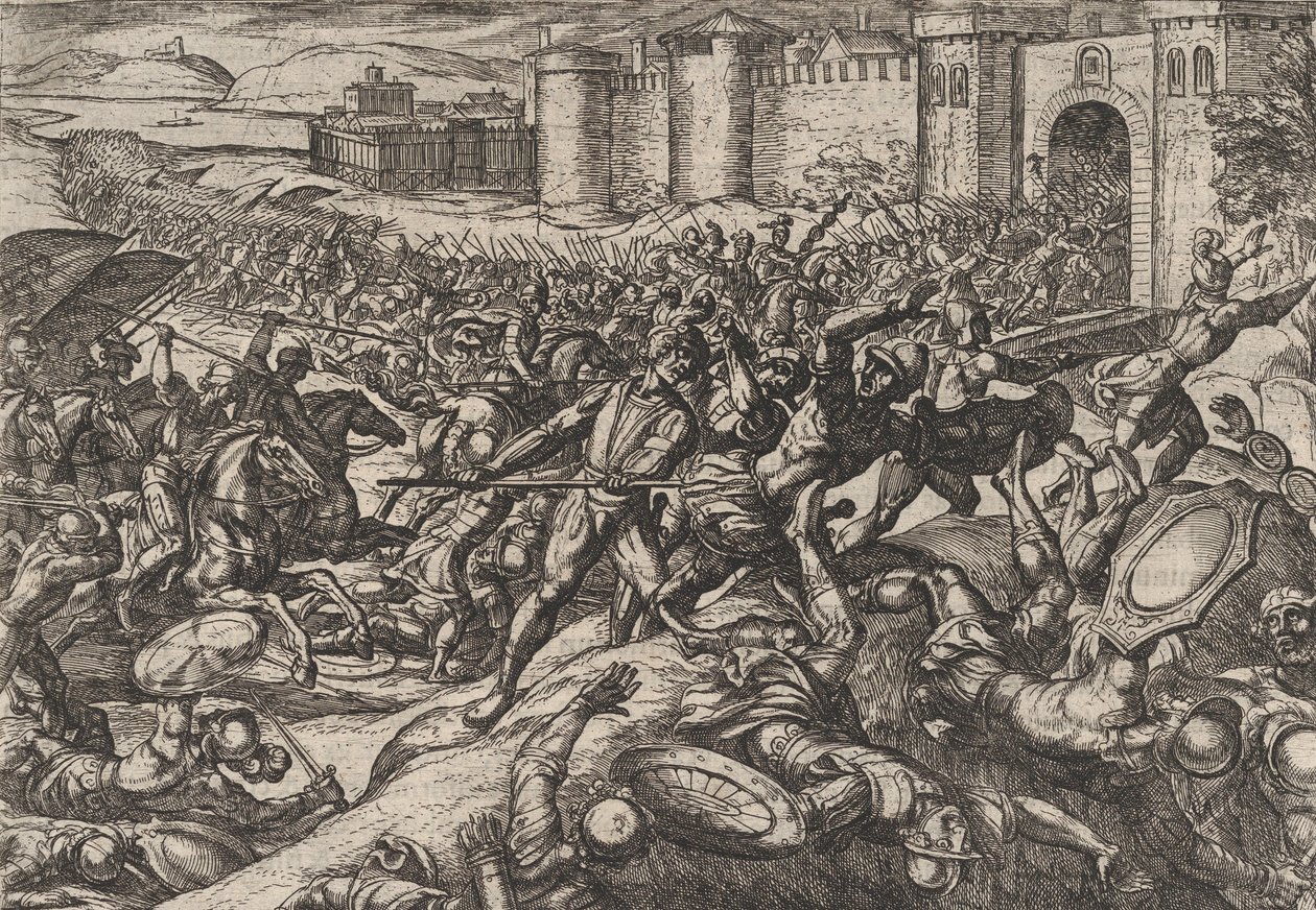 Levy 9: Roomalaiset, jotka hollantilaiset joukot voittivat Bonnassa, Roomalaisten sodasta Agai..., 1611. tekijältä Antonio Tempesta