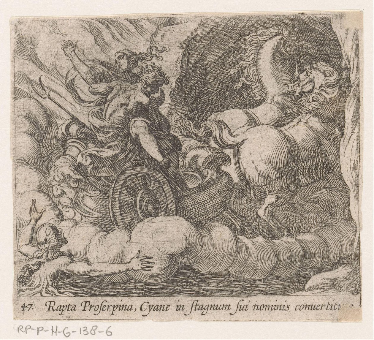Pluto nielee nymfi Cyanesta kuolevan Proserpinan Proserpinan sieppaama Cyane muutetaan omaksi altaaksi (otsikko esineessä) Metamorfoosi tai muunnokset (sarjan nimi) Metamorfosen van Ovidius (sarjan nimi) tekijältä Antonio Tempesta