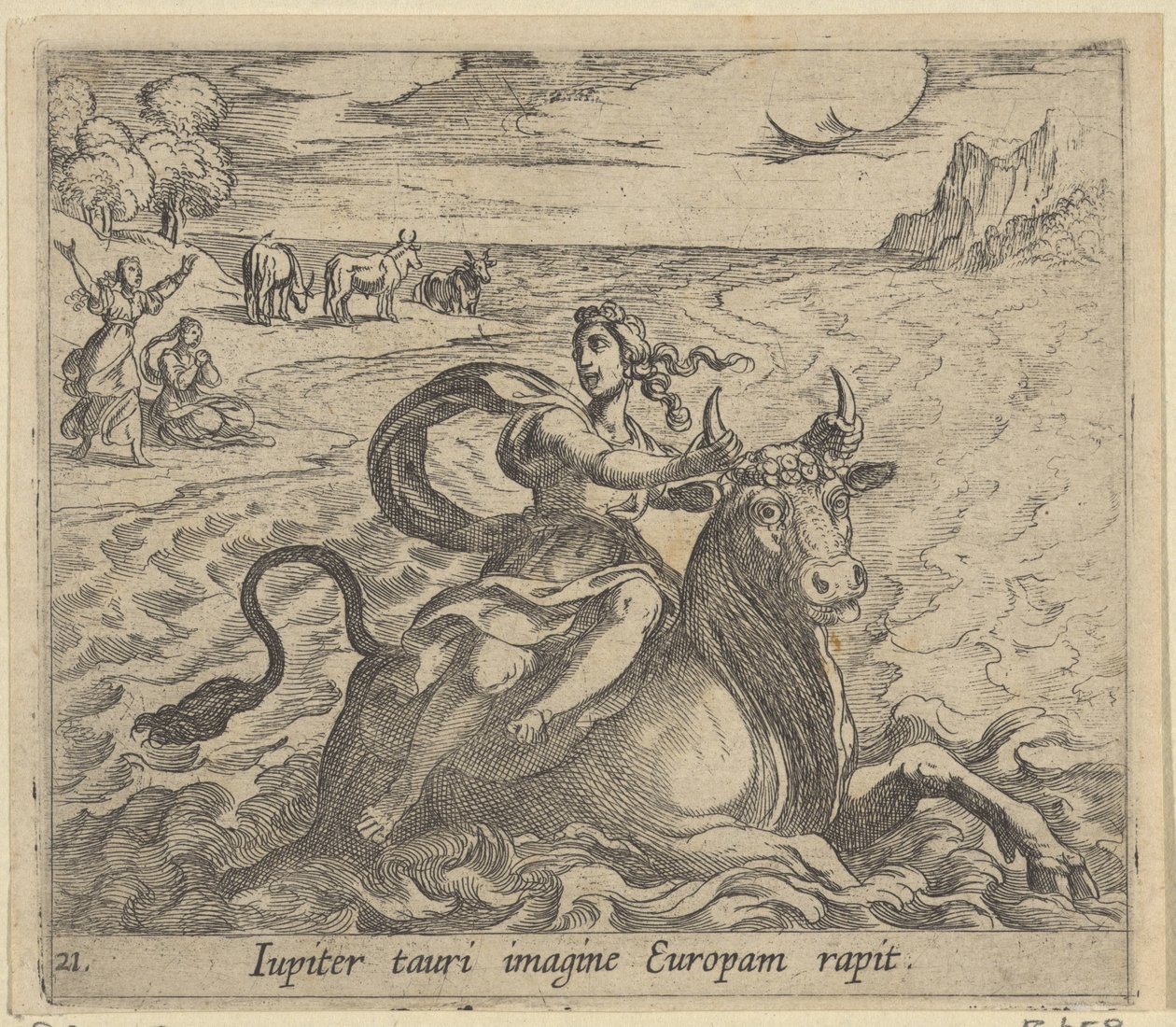Kattoauto Eurooppa Jupiter vangitsee Europan härän kuvaan (otsikko esineessä) Metamorfoseonin koon muunnos (sarjan nimi) Metamorfosen van Ovidius (sarjan nimi) tekijältä Antonio Tempesta