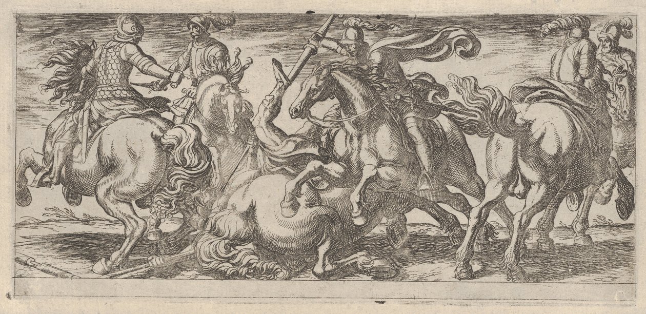 Kuusi ratsuväkeä taistelussa, Battle Scenes I:stä, n. 1590-1630. tekijältä Antonio Tempesta