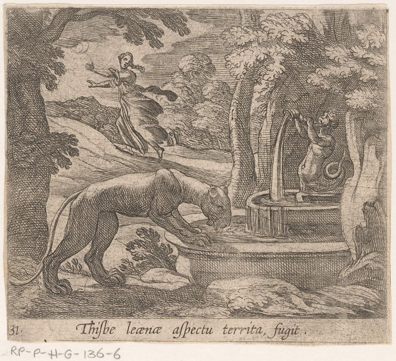 Thisbe vlucht voor the leeuwin by the bron Tämä on aluefugitin osa (otsikko esineessä) Metamorphosis and Transformation (sarjan nimi) The Metamorphoses of Ovid (sarjan nimi) tekijältä Antonio Tempesta