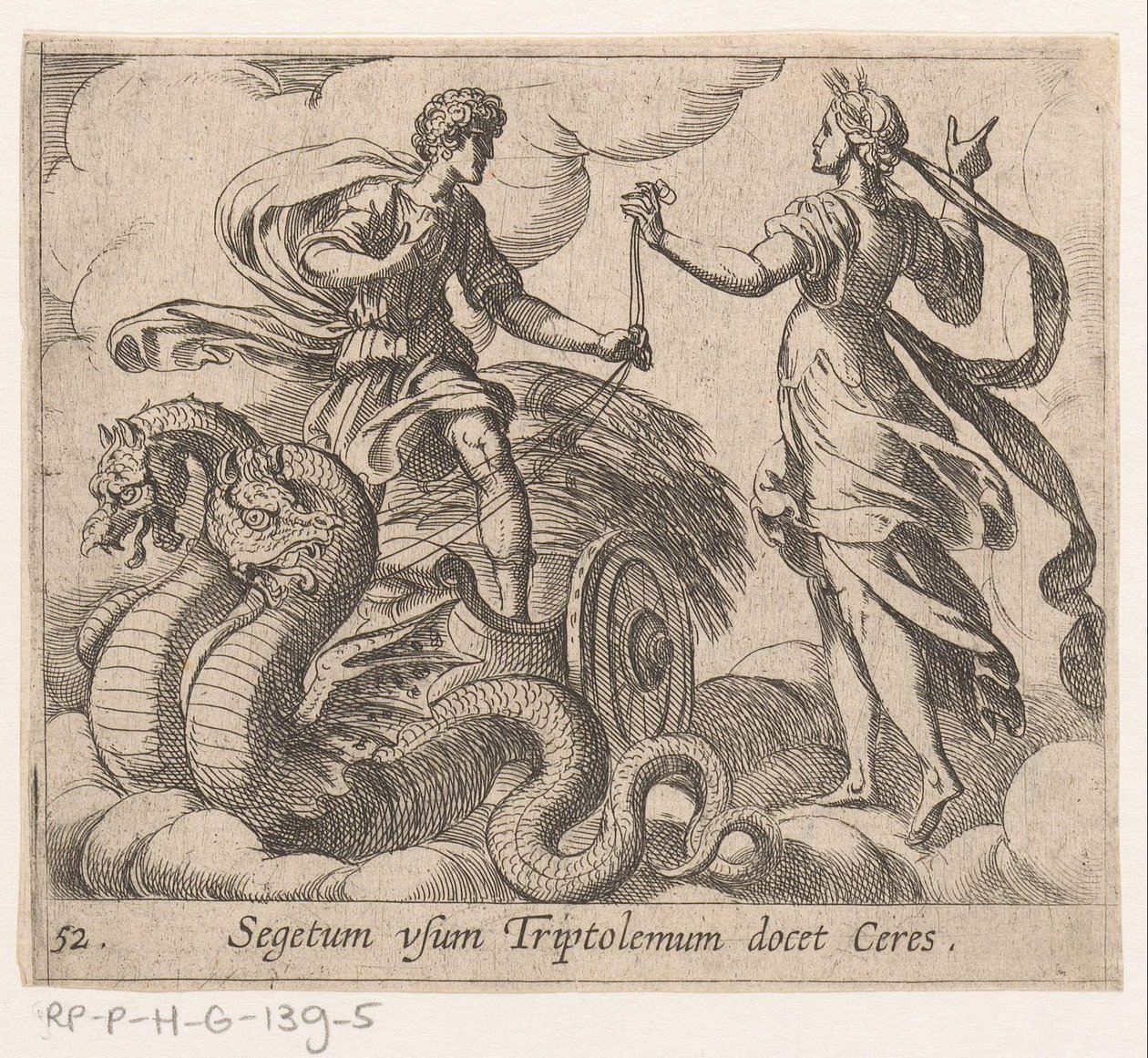 Triptolemus ontagunt de wagon van Ceres Ceres opettaa Triptolemukselle sadon (otsikko esineessä) Metamorfoosi tai muunnokset (sarjan nimi) Metamorfosen van Ovidius (sarjan nimi) tekijältä Antonio Tempesta