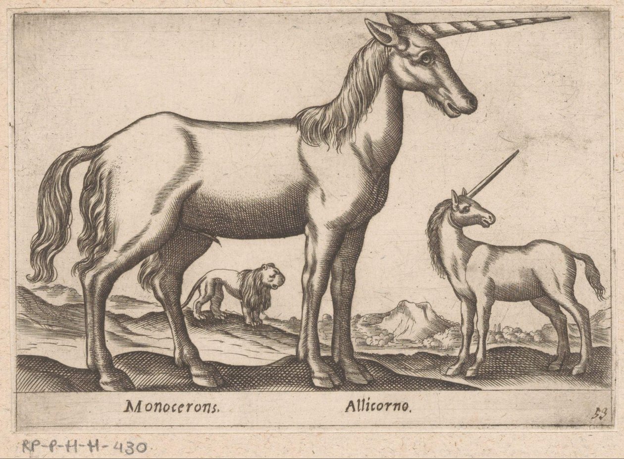 Kaksi yksisarvista ja leijona Monocerons/ Allicorno (otsikko esineessä) Eläimet ja myyttiset olennot (sarjan nimi) Nova raccolta de li animali piu curiosi del mondo (sarjan nimi) tekijältä Antonio Tempesta