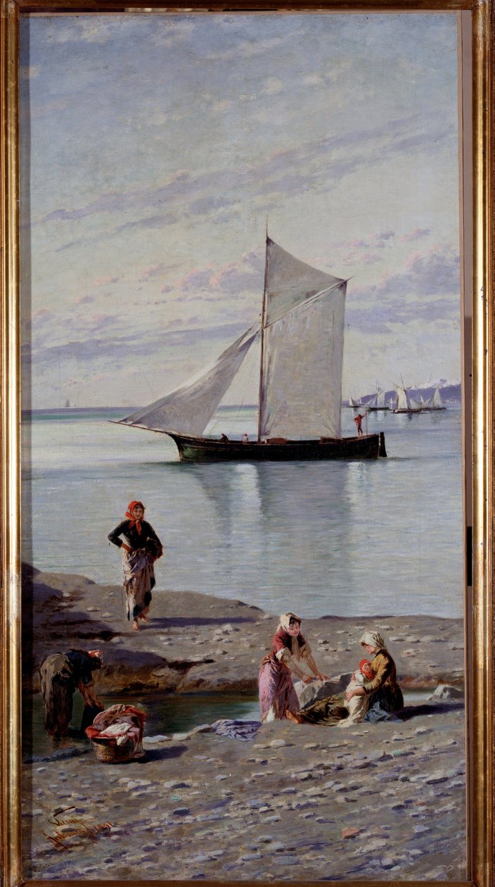 Lavandieres Bisagno-joen rannalla lähellä Genesiä, Italia. Antonio Varnin (1841-1908) maalaus 1891 Genes, Galleria d