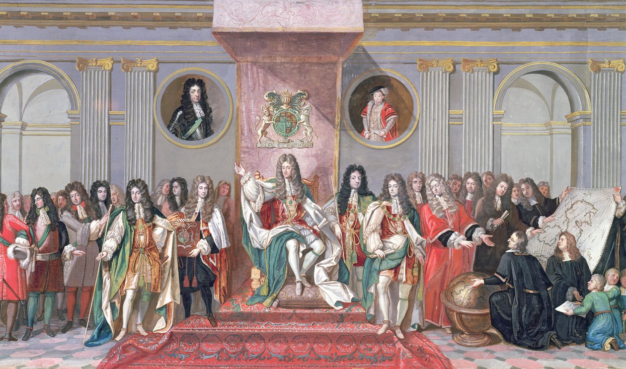 James II (1633-1701) Matemaattisten tutkijoiden vastaanottaminen Kristuksen sairaalan guassilla paperille) (234983:n yksityiskohta) tekijältä Antonio Verrio