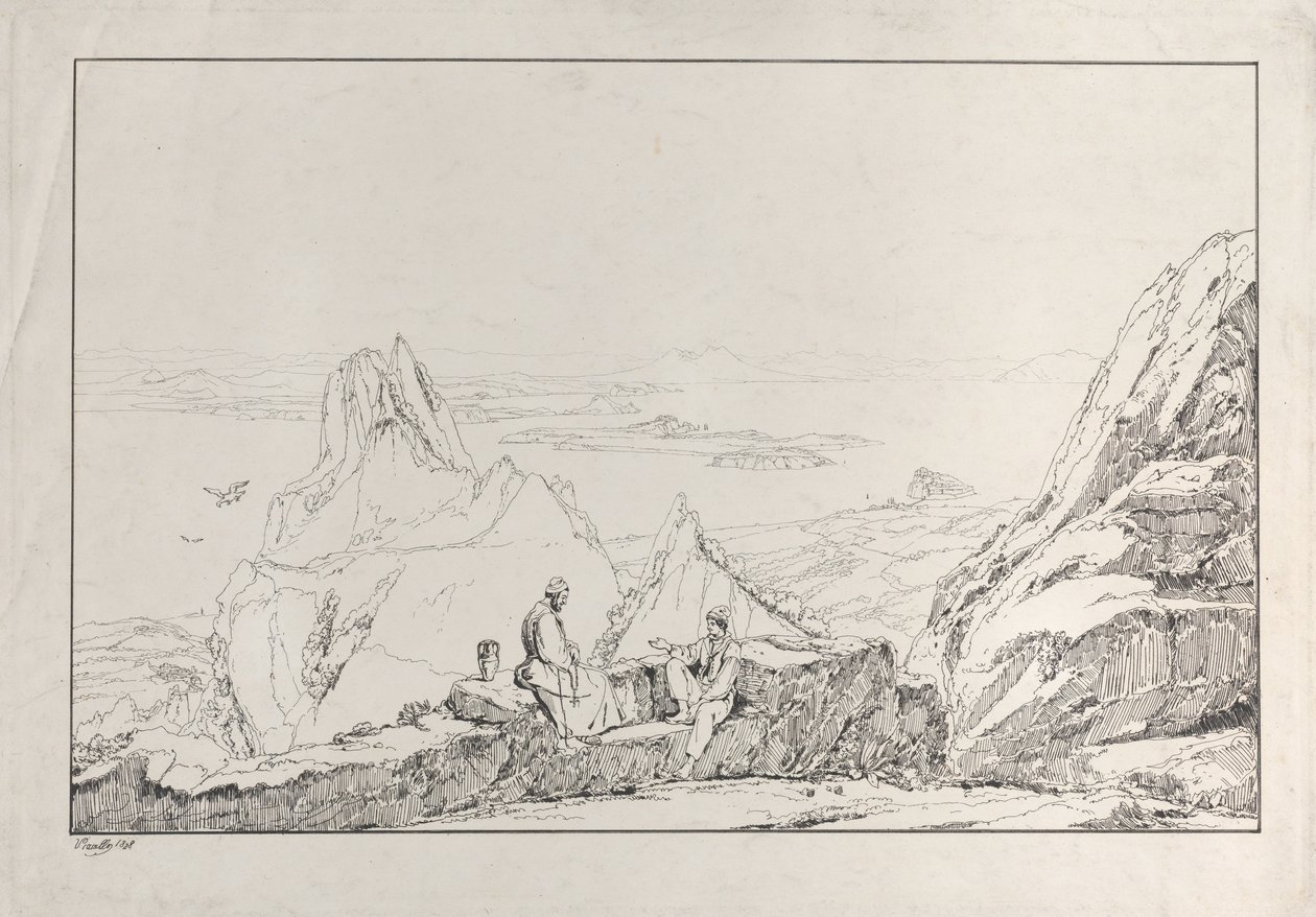 Vuoristoinen maisema, jossa kaksi miestä etualalla, 1828. tekijältä Antonio Vianello