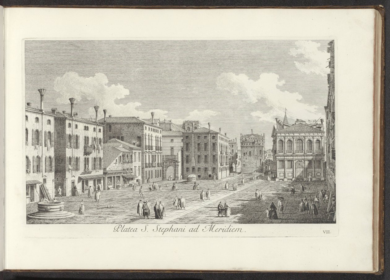 Gezicht op Campo Santo Stefano te Venetië Pyhän Tapanin aukio etelään (otsikko esineessä) Gezichten op bugemenen en pleinen in Venetië (sarjan nimi) Kuuluisimmat näkymät Venetsian kaupunkiin Antonius-kanavan 38. paneelista, messingillä painettu Antonio Vis tekijältä Antonio Visentini