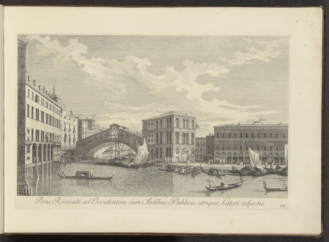 Gezicht op het Canal Grande, Palazzo dei Camerlenghi en de Rialtobrug te Venetië Rivoaltin silta länteen, julkiset rakennukset molemmilla puolilla (otsikko esineessä) Kuuluisimmat näkymät Venetsian kaupunkiin Antonius-kanavan 38 paneelista, esim tekijältä Antonio Visentini