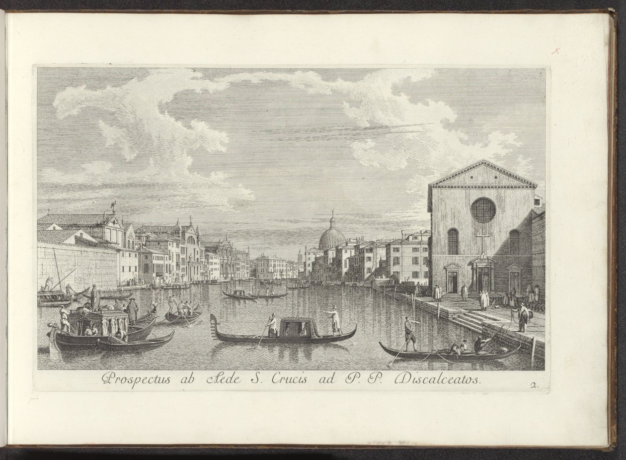 Gezicht op het Canal Grande, de Santa Maria di Nazareth ja de San Simeone Piccolo te Venetië Näkymä Pyhän Ristin talosta P. P. Discalceatosille (otsikko esineessä) Kuuluisimmat näkymät Venetsian kaupunkiin Antoniuksen kanavan 38 paneelista, messingillä pai tekijältä Antonio Visentini