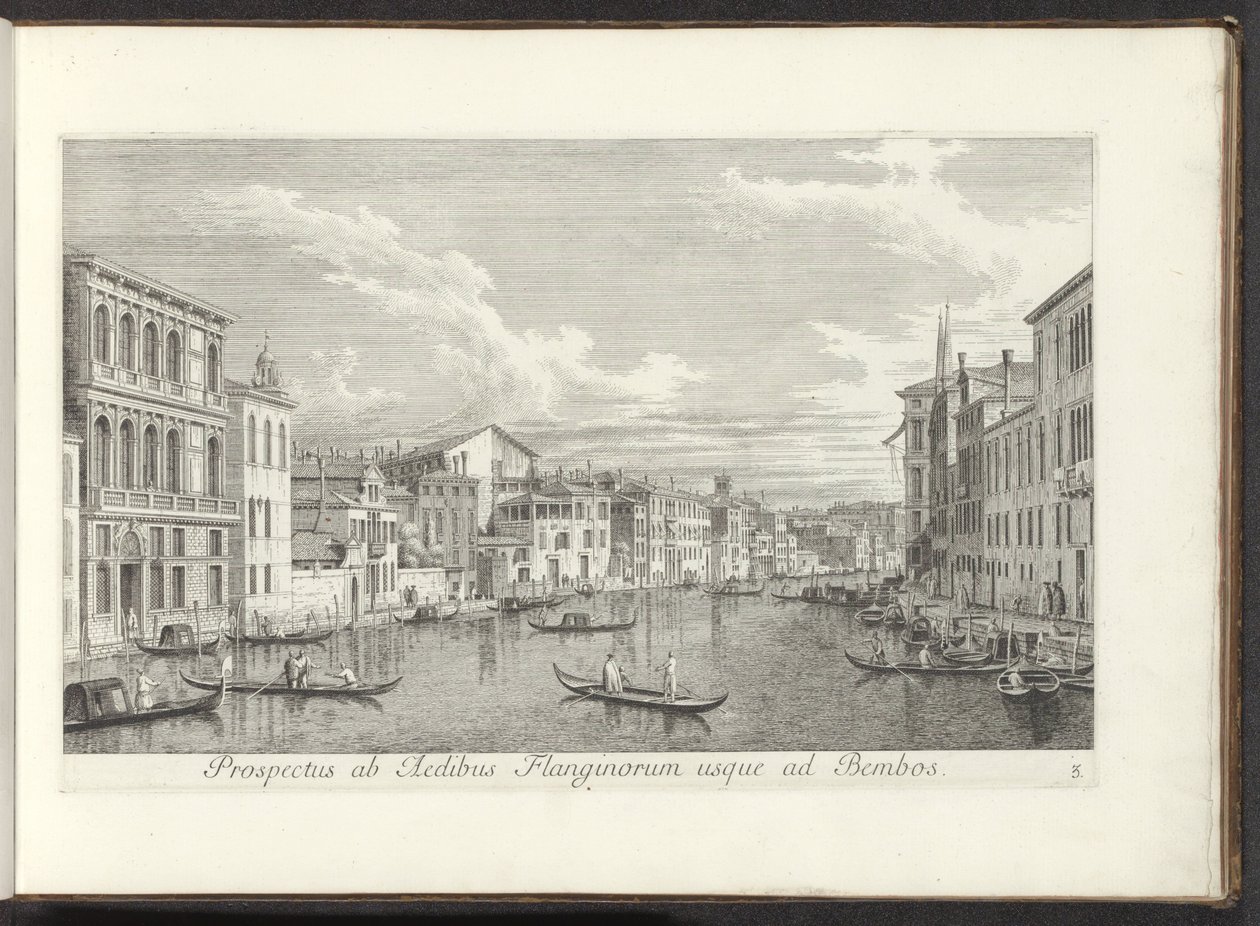 Gezicht op het Canal Grande ja Palazzo Flangini te Venetië Näkymä Flanginosin taloilta Bembosiin (otsikko esineessä) Kuuluisimmat näkymät Venetsian kaupunkiin, Antonius Canalin 38 paneelista, Antonio Vissentinin messingillä painettu kolmessa osassa tekijältä Antonio Visentini