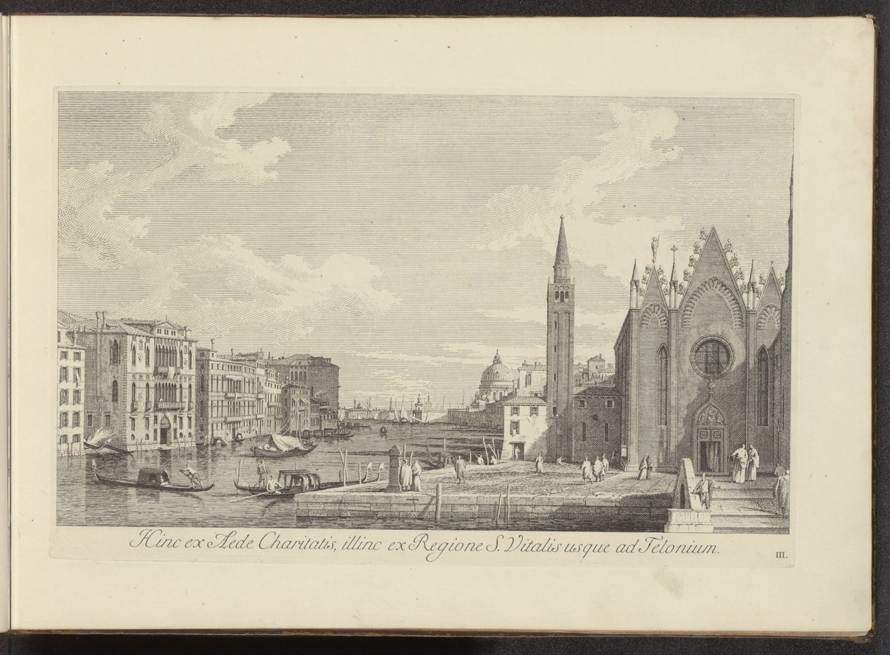 Gezicht op het Canal Grande en de Chiesa di Santa Maria della Carità te Venetië Tällä puolella Charityn talosta, toisella puolella S. Vitalisin alueelta Teloniumiin asti (nimi esineessä) Kuuluisimmat näkymät Venetsian kaupunkiin Antonius-kanavan 38 paneeli tekijältä Antonio Visentini