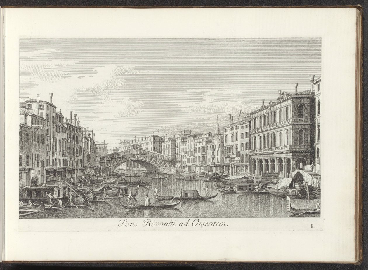 Gezicht op het Canal Grande en de Rialtobrug te Venetië Rivoaltin silta itään (otsikko esineessä) Kuuluisimmat näkymät Venetsian kaupunkiin, Antonius Canalin 38 paneelista, jotka on painettu Antonio Vissentinin messingille, jaettu kolmeen osaan. toinen osa tekijältä Antonio Visentini
