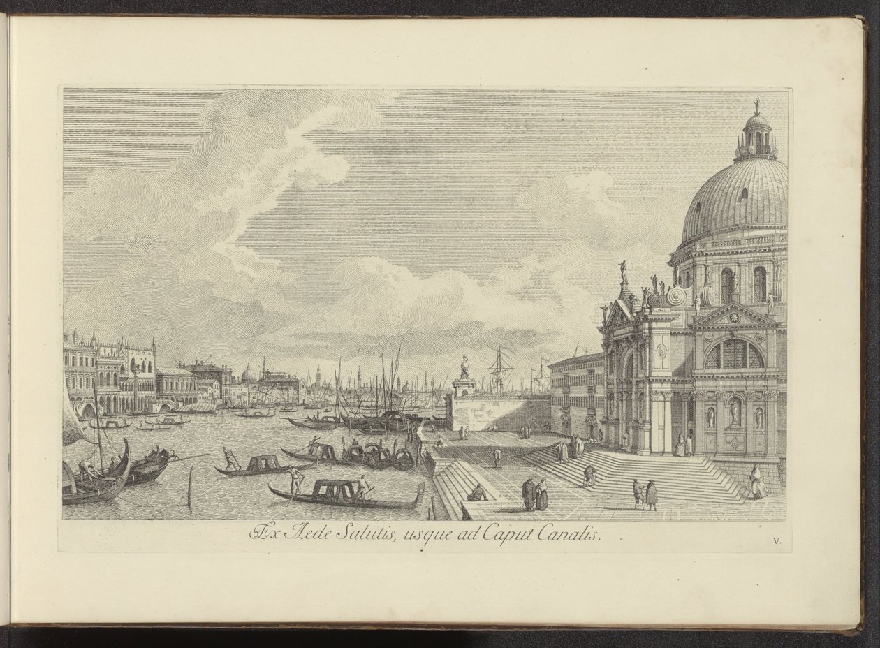 Gezicht op het Canal Grande en de Santa Maria della Salute te Venetië Pelastuksen talosta kanavan päähän (otsikko esineessä) Kuuluisimmat näkymät Venetsian kaupunkiin, Antonius Canalin 38 paneelista, Antonio Vissentinin messingille painettu kolmessa osassa tekijältä Antonio Visentini