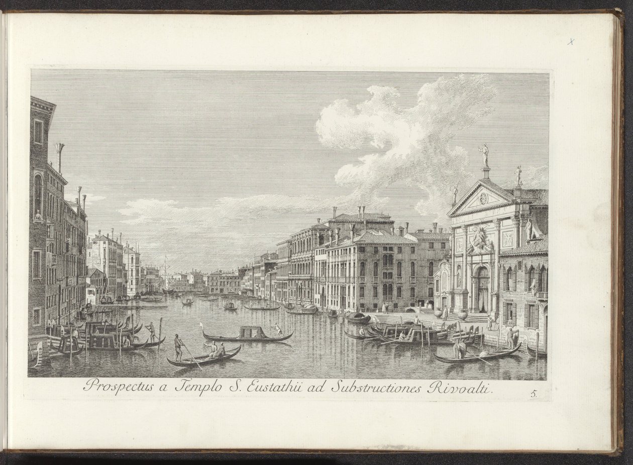 Gezicht op het Canal Grande en de kerk de San Stae te Venetië Näkymä St. Eustathiuksen temppelistä Rivoaltin alirakenteille (otsikko esineessä) Kuuluisimmat näkymät Venetsian kaupunkiin, Antonius-kanavan 38. paneelista, Antonio Vissentinin messingillä pain tekijältä Antonio Visentini