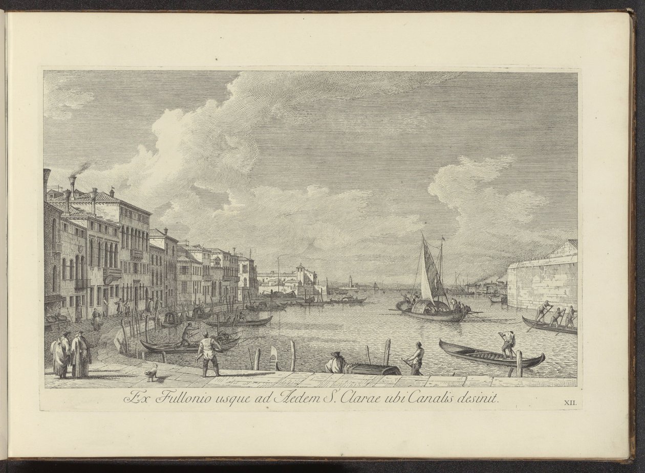 Gezicht op het Canal Grande en de kerk de Santa Chiara te Venetië Pesulasta St. Claren taloon, jossa kanava päättyy (otsikko esineessä) Kuuluisimmat näkymät Venetsian kaupunkiin, Antonius-kanavan 38. paneelista, Antonio Vissentinin messingillä painettu vuo tekijältä Antonio Visentini
