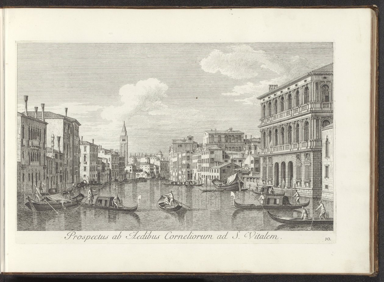 Gezicht op het Canal Grande en de toren van de San Vitale te Venetië Näkymä Corneliuksen talolta St. Vitaliin (otsikko esineessä) Kuuluisimmat näkymät Venetsian kaupunkiin, Antonius Canalin 38 paneelista, Antonio Vissentinin puupainatus tekijältä Antonio Visentini