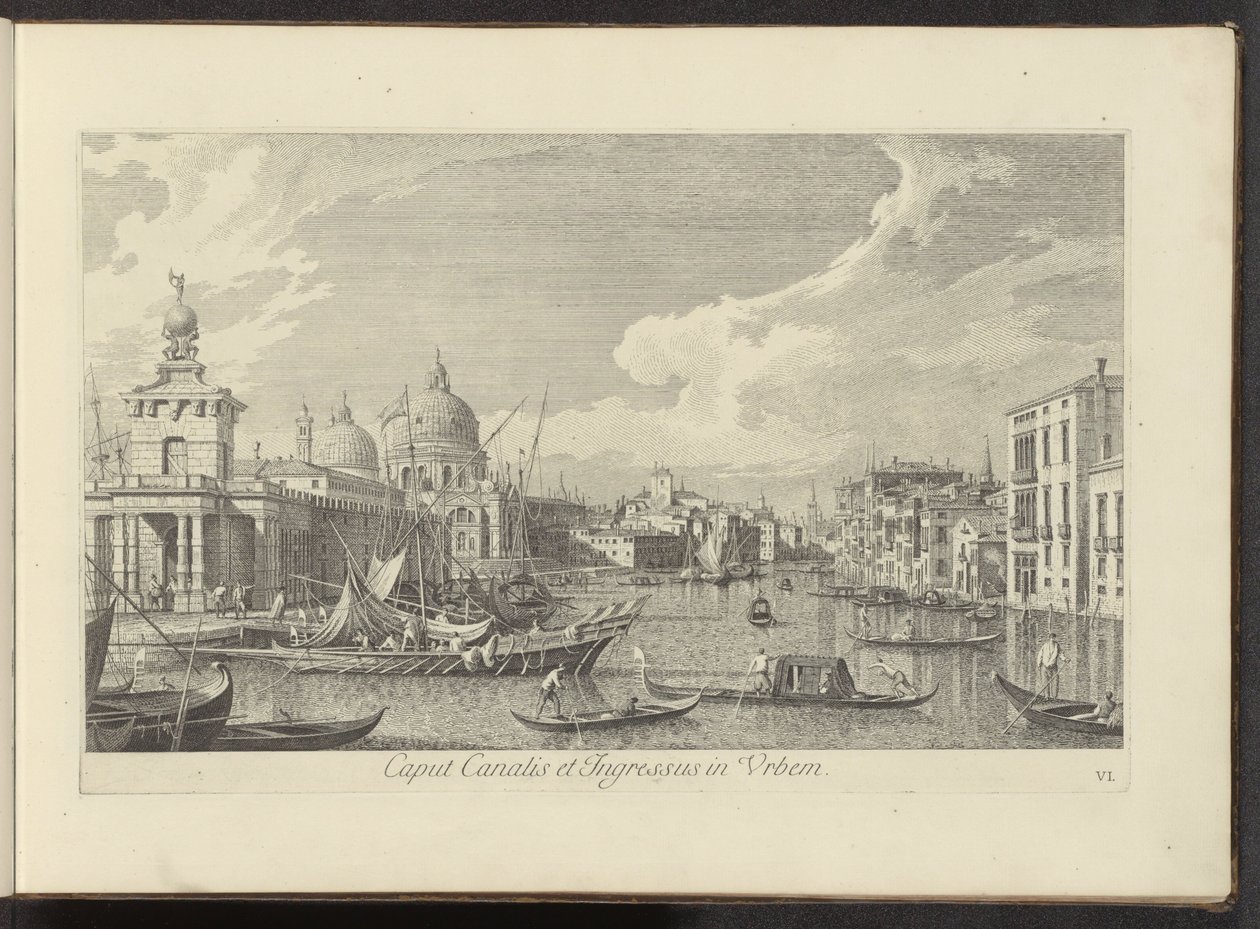 Gezicht op het Canal Grande te Venetië Kanavan pää ja kaupungin sisäänkäynti (otsikko esineessä) Kuuluisimmat näkymät Venetsian kaupunkiin, Antonius Canalin 38 paneelista, jotka on painettu Antonio Vissentinin messingille, jaettu kolmeen osaan. osa yksi (s tekijältä Antonio Visentini