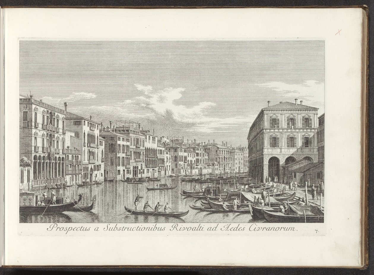 Gezicht op het Canal Grande te Venetië Näkymä Rivoaltin alirakenteilta Aedes Civranorumille (otsikko esineessä) Kuuluisimmat näkymät Venetsian kaupunkiin, Antonius Canalin 38 paneelista, jotka on painettu Antonio Vissentinin messingille, jaettu kolmeen osa tekijältä Antonio Visentini