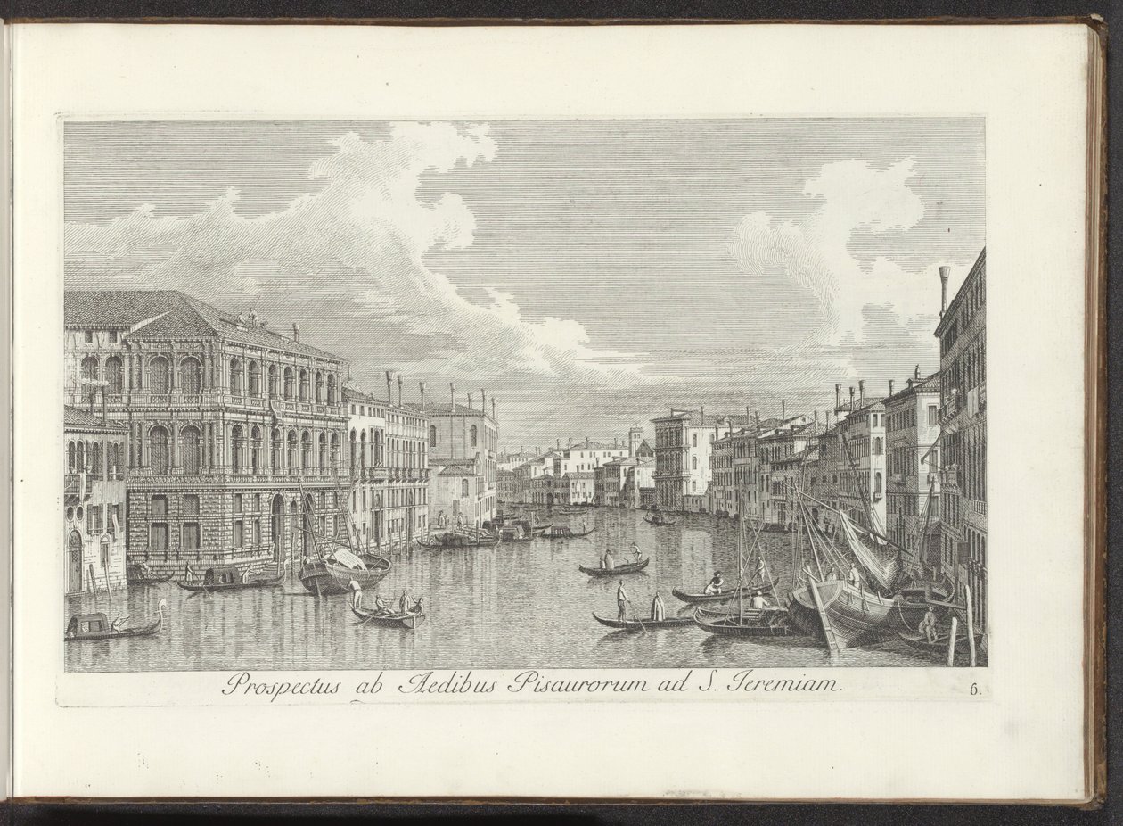 Gezicht op het Canal Grande te Venetië Näkymä Pisan talolta Pyhälle Jeremialle (otsikko esineessä) Kuuluisimmat näkymät Venetsian kaupunkiin, Antonius Canalin 38 paneelista, jotka on painettu Antonio Vissentinin messingille, jaettu kolmeen osaan. toinen os tekijältä Antonio Visentini