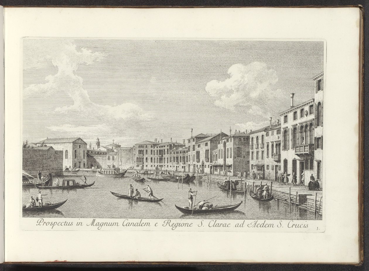 Gezicht op het Canal Grande te Venetië Näkymä Grand Canalille St. Claren alueelta Pyhän Ristin talolle (otsikko esineessä) Kuuluisimmat näkymät Venetsian kaupunkiin, Antonius Canalin 38 paneelista, Antonio Vissentinin painettuna, kolmessa osassa tekijältä Antonio Visentini
