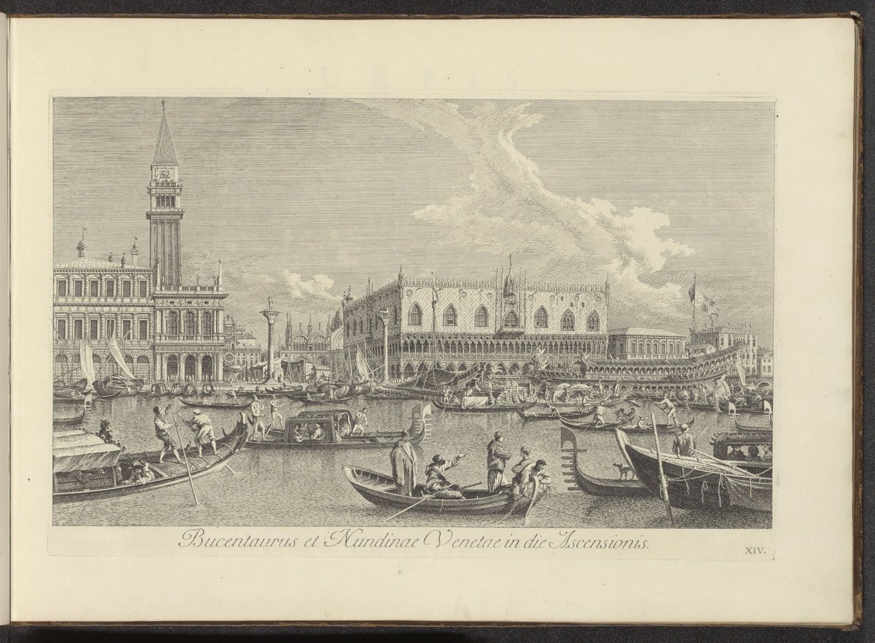 Gezicht op het Canal Grande te Venetië ja Bucintoro van de doge Bucentaurus ja Nundinae Venetae taivaaseenastumispäivänä (otsikko esineessä) Kuuluisimmat näkymät Venetsian kaupunkiin, Antonius Canalin 38 paneelista, Antonio Vissentinin painettuna. tekijältä Antonio Visentini