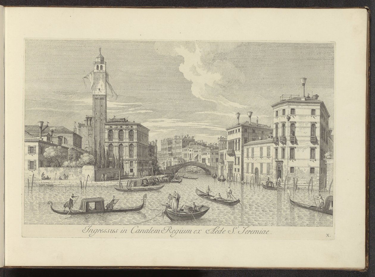 Gezicht op het Cannaregio en Palazzo Labia te Venetië Sisäänkäynti kuninkaalliseen kanavaan Pyhän Jeremian talosta (otsikko esineessä) Kuuluisimmat näkymät Venetsian kaupunkiin Antonius Canalin 38 paneelista, jotka on painettu ilmaan Antonio Vissentini, ja tekijältä Antonio Visentini