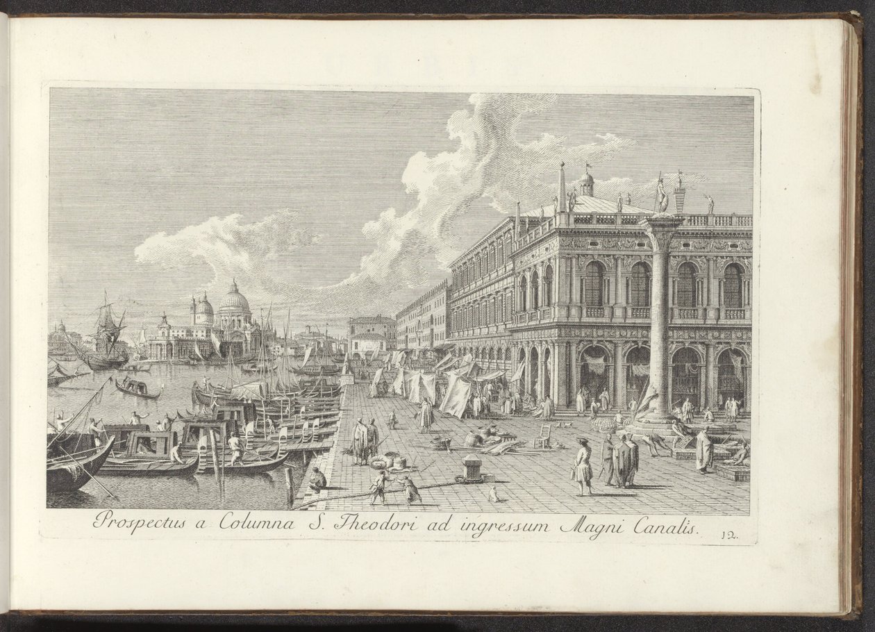 Hoek van het San Marcoplein ja Biblioteca Marciana Näkymä St. Theodoren pylväästä Canal Granden sisäänkäynnille (otsikko esineessä) Kuuluisimmat näkymät Venetsian kaupunkiin, Antonius Canalin 38 messinkipaneelista, Antonio Vissentinin painama osissa t tekijältä Antonio Visentini