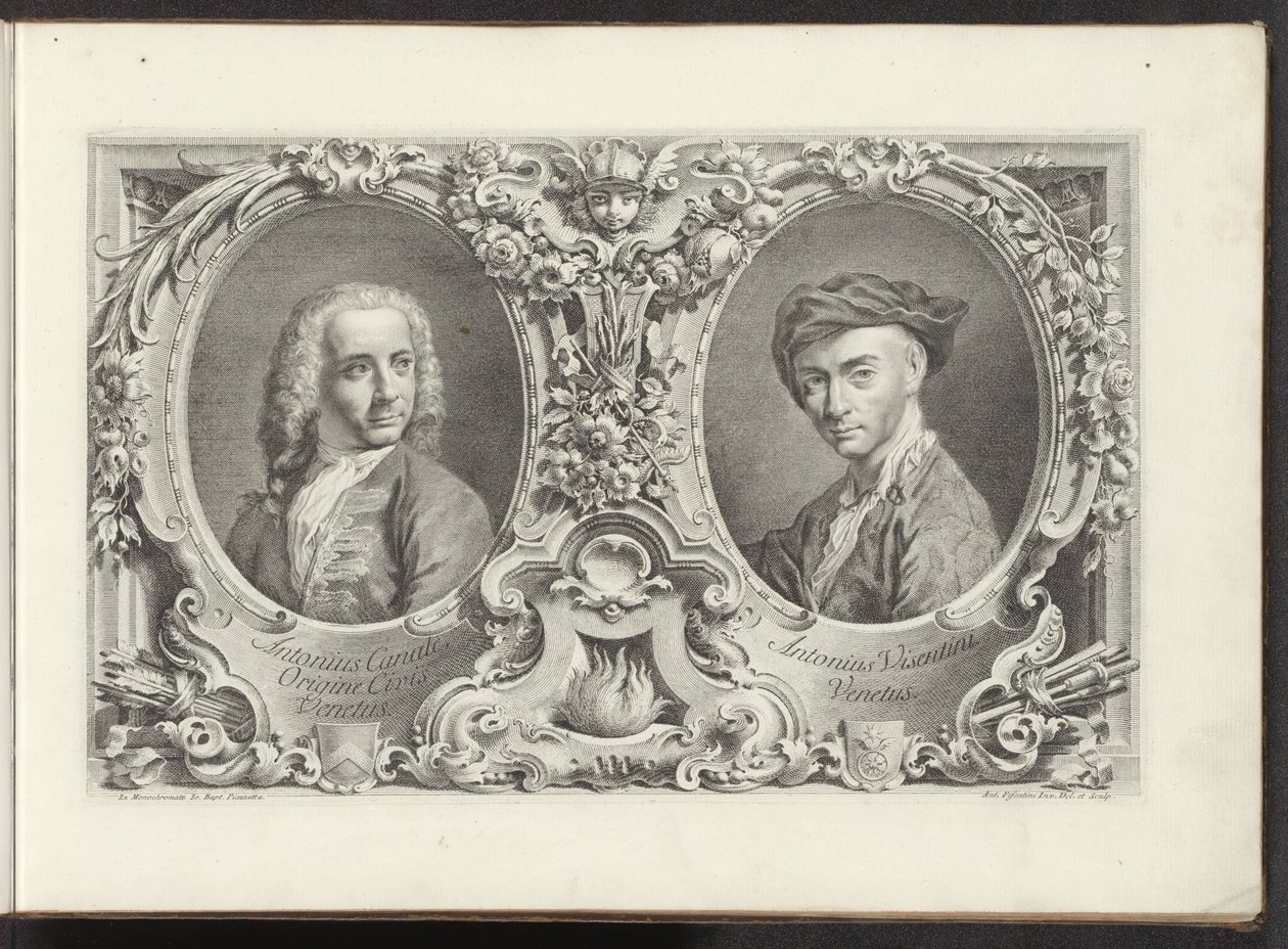 Portretten van artists Canaletto ja Antonio Visentini Kuuluisimmat näkymät Venetsian kaupunkiin, Antonius Canalin 38 paneelista, jotka on painettu Antonio Vissentinin messingille, jaettu kolmeen osaan. osa yksi (sarjan nimi) Gezichten op grote kanalen in V tekijältä Antonio Visentini