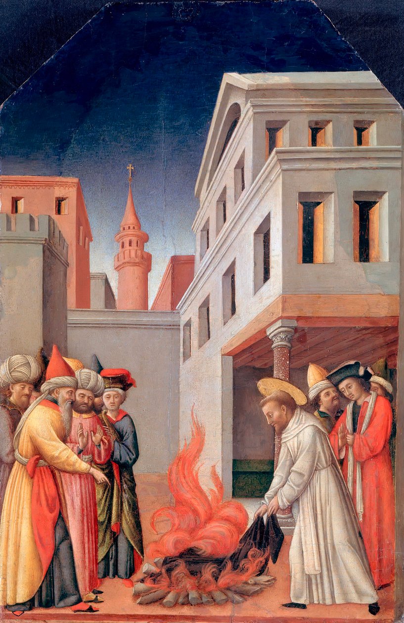 ""Pyhän Pietarin marttyyri (Veronan Pietari, noin 1205-1252) tulen ihme sulttaanin edessä"" (Pyhän tulen ihme ennen sulttaani) Antonio Vivarinin (noin 1440-1480) maalaus, noin 1440 - Öljy puulle Koko 52x34 cm Staatliche Museen, Berliini tekijältä Antonio Vivarini