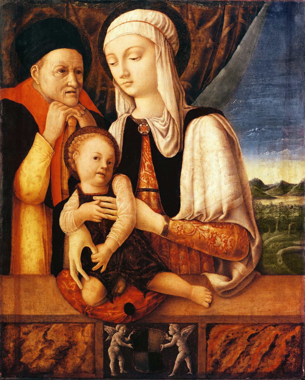 Pyhä perhe (Mantovan herttuattaren Barbara de Brandebougin vaakuna), n. 1450-1460 (öljy puulle) tekijältä Antonio Vivarini