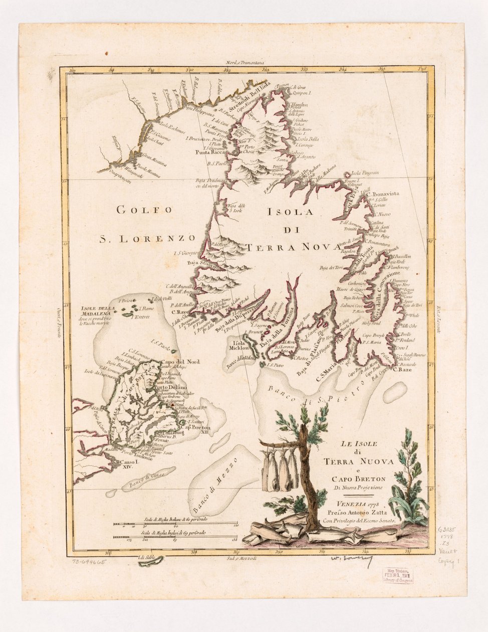 Terre Nuovan ja Cape Bretonin saaret uudessa projektissa 1778. LOC 73694665 tekijältä Antonio Zatta
